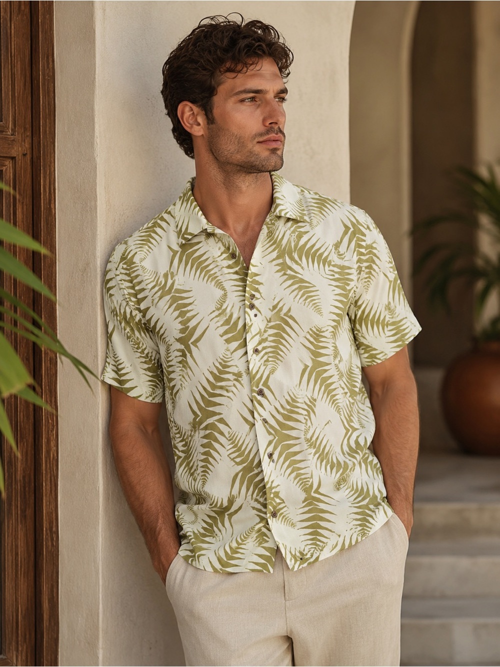 Salty Weekend Olive Fern Print Viscose Button Down Shirt Medium